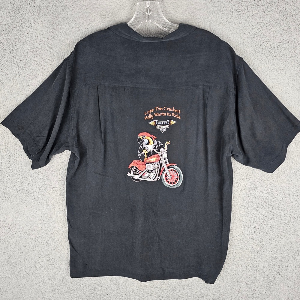 Luau Button Up Men M Pollys Motorcycle Club Parrot Silk Camp Shirt Embroidered